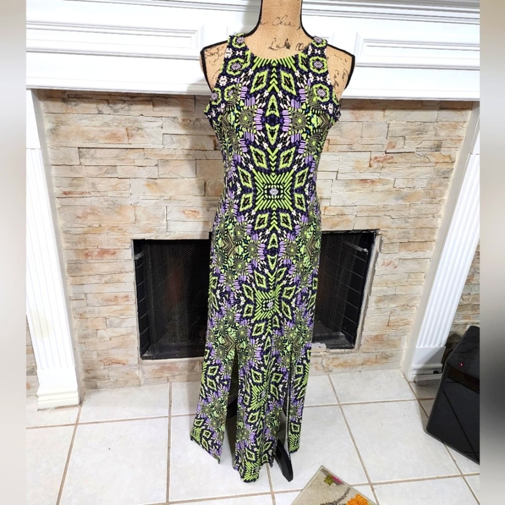 London Times Ikat purple and green maxi sheath dress size 6